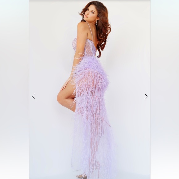 Jovani Beaded High Slit Feather Dress JO07591 - Picture 2 of 11